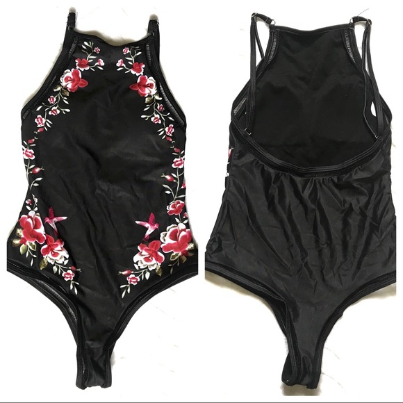 Black Floral One-Piece Swimsuit Cheeky Sm - Picture 1 of 10